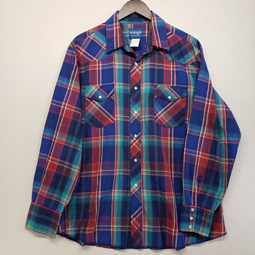 Wrangler Western Shirt Snap Button XL Plaid Cowboy Red Blue Green Long Sleeve